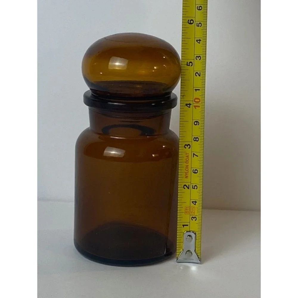 Vintage Amber Glass Apothecary Jar with Bubble Lid Made in Belgium Brown 5.5